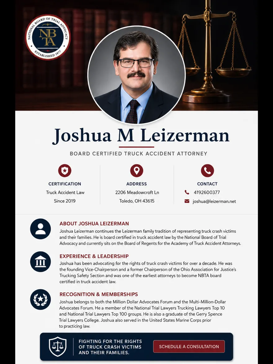 Joshua M. Leizerman — Board Certified Truck Accident Attorney: National Board of Trial Advocacy certification profile with photo, Truck Accident Law since 2019, Toledo Ohio contact details, biography, experience and memberships